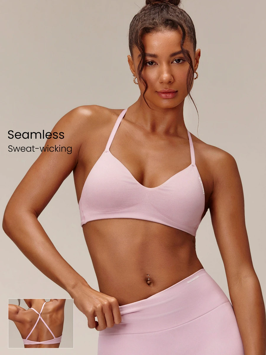 GLOWMODE Seamless Twist Of Summer 運動內衣,扭轉交叉背設計,可拆式胸墊,低衝擊,適合瑜伽、皮拉提斯、Barre、Lagree Studio 的運動服 - 粉色 - 查看 1