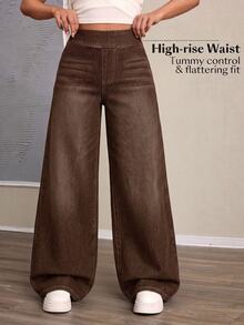 Tween Girl Fashion Elastic Waist Loose Straight Leg Denim Jeans - Brown - View 3