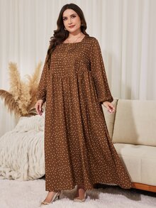 Lacomfia Plus Size Women's Polka Dot Pattern Lantern Sleeve Button Design Casual Dress - Brown - View 5
