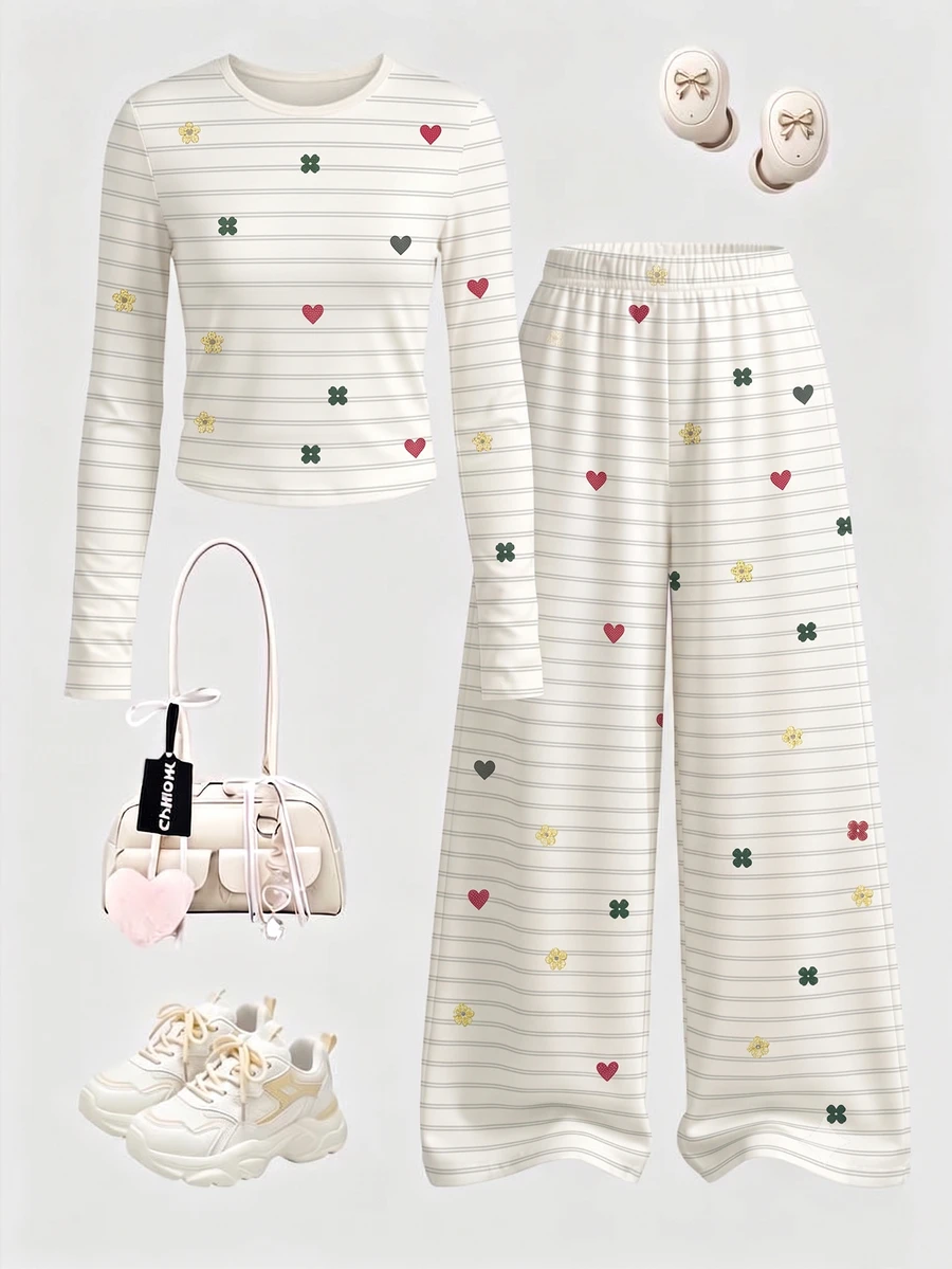 Tween Girls 2pcs Set Striped Heart & Clover Print Long Sleeve Crew Neck T-Shirt + Wide Leg Pants, Spring/Autumn Casual Y2K Aesthetic Outfit - Multicolor - View 1