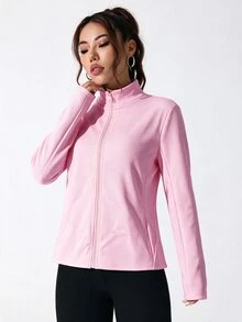 SHEIN Sovereign Charm 女款純色長袖前拉鍊休閒舒適運動夾克 - 粉色 - 查看 4