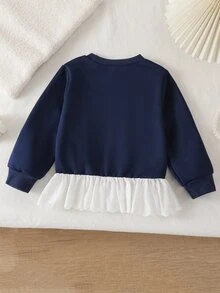 Fashionable Embroidered Ruffle Hem Printed Sweatshirt, Girls White Bow Decor Top, Autumn Baby Lace Ruffle Long Sleeve Sweet Children's Sweatshirt, Autumn/Winter Style - Navy Blue - View 2
