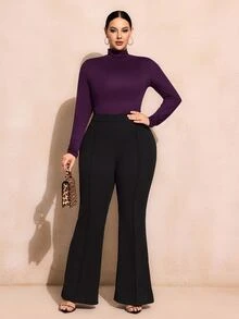 SHEIN SXY 大尺碼純色修身高領長袖百搭T恤 基本款秋季辦公休閒黑色常規休閒上衣 - 紫色 - 查看 5