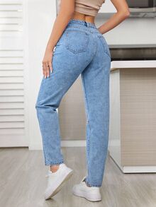 SHEIN Tall Solid Color High Waist Mom-Fit Jeans, Tall Women - Blue - View 2
