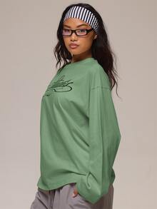 MUSERA 白色圖形 Logo 細節長袖上衣 冬季休閒日常舒適穿搭 女款酷白色上衣 - 軍綠色 - 查看 3