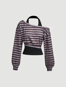 SHEIN MOD Women's Streetwear Striped Colorblock 2 In 1 Sweatshirt - Burgundy - View 1