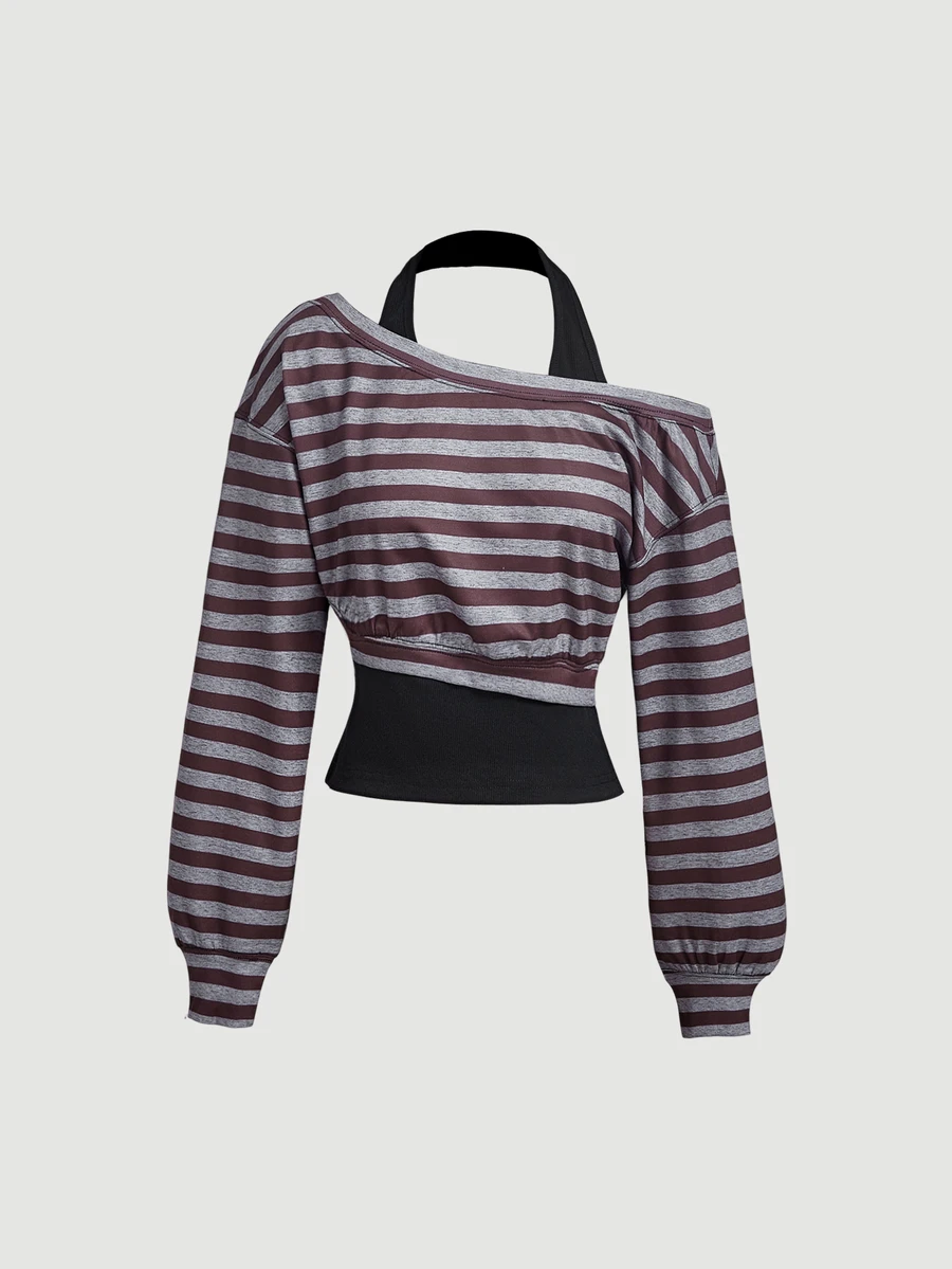 SHEIN MOD Women's Streetwear Striped Colorblock 2 In 1 Sweatshirt - Burgundy - View 1