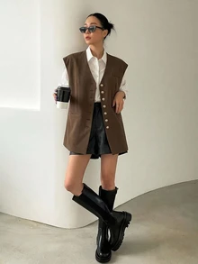 DAZY 商務休閒鈕扣式西裝背心外套 - 棕色 - 查看 4
