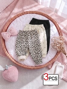 SHEIN 3件組嬰幼兒女童慢跑長褲，可愛甜美白色黑色愛心豹紋羅紋彈性直筒褲，適合派對、秋季假期與運動穿著 - 彩色 - 查看 1