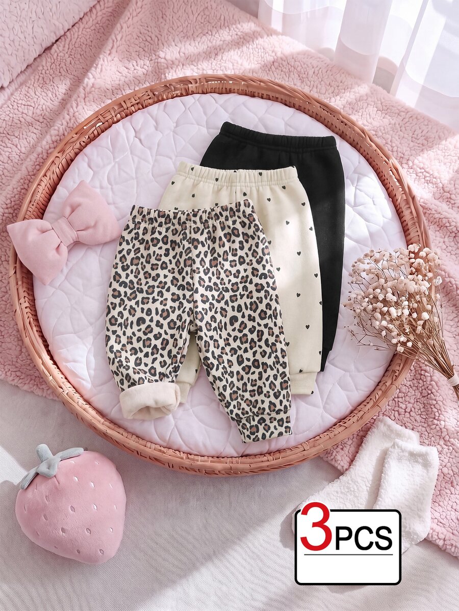SHEIN 3件組嬰幼兒女童慢跑長褲,可愛甜美白色黑色愛心豹紋羅紋彈性直筒褲,適合派對、秋季假期與運動穿著 - 彩色 - 查看 1