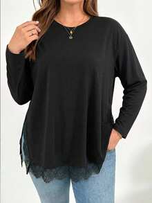 Shapeblank Women's Plus-Size Black Long-Sleeve T-Shirt – Stylish, Casual, Loose & Comfortable – Lace-Trim Hem – Autumn Everyday Wear,Going Out Tops.Fall Outfits - Black - View 4