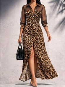Velvienne Women's Fashion Elegant Long Sleeve Shirt Collar Button Placket Waist-Cinching Mesh Patchwork Leopard Print Modified Dress, Suitable For Daily Commute And Outing Wear - Multicolor - View 8