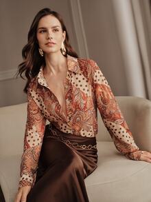 Anewsta Women's Unique Polka Dot & Floral Print Elegant Vacation Long Sleeve Button-Down Shirt - Orange - View 3