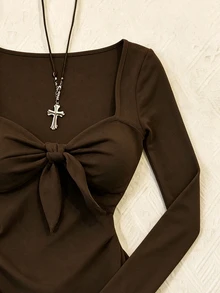 INAWLY Women's Solid Color Sweetheart Neckline Bowknot Long Sleeve Mini Dress - Coffee Brown - View 4