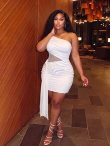 Slaydiva Plus Size Women Solid Color One Shoulder Sleeveless Ruched Ribbon Design Slim Fit Fashion Dress - White - View 7