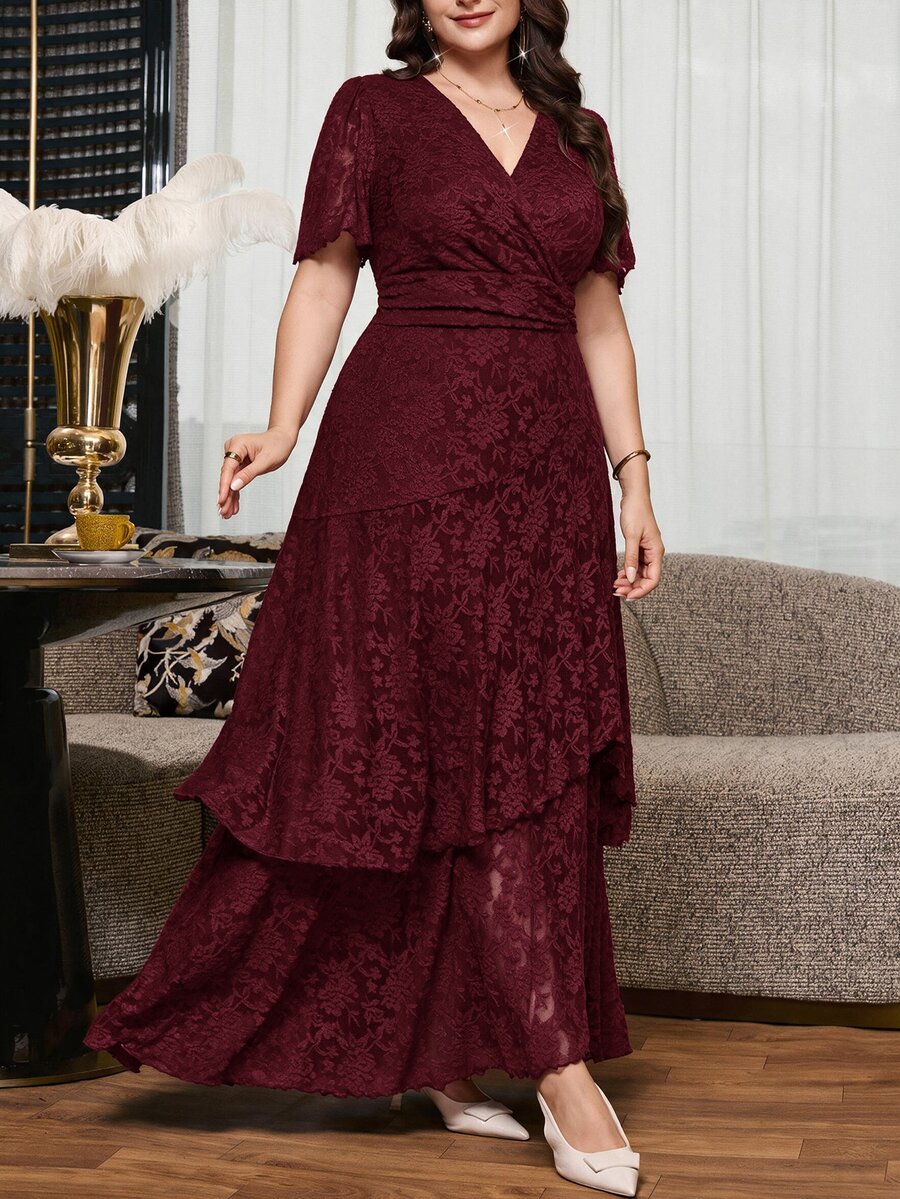Reflora Plus Size Summer Elegant Jacquard Dress Wedding Formal Evening Dark Purple - Burgundy - View 1