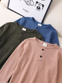 SHEIN 3件組男童休閒舒適風紋理布料木紋細節鈕扣 Polo 衫圓領長袖 T-shirt 多色 - 彩色 - 查看 3