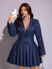 Viva Relle Plus-Size Sexy Striped Navy Blue With Silver Powder Dress Fall - Navy Blue - View 2