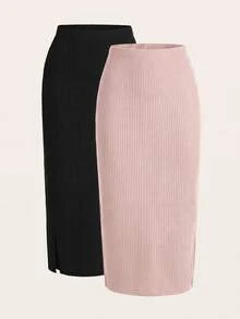 SHEIN LUNE 女款純色秋冬休閒基礎百搭外出裙 2件組 教師節辦公工作穿搭 黑色巧克力棕色裙 - 藕粉色 - 查看 3