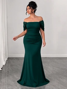 Elenzga Plus Size Women's Solid Color Elegant Draped Waist Floor Length Maxi Dress - Green - View 6