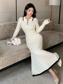 Modelyn Women's Colorblock Polo Collar Long Sleeve Cable Knit Elegant Dress - Apricot - View 6