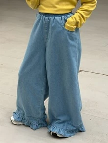 DAZY Tween Girl) Straight Leg Casual Lace Trim Long Pants Washed Denim Jeans Autumn/Winter - Blue - View 5
