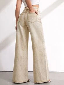 SHEIN Tall 女款時尚百搭鈕扣口袋牛仔褲 - 卡其色 - 查看 2