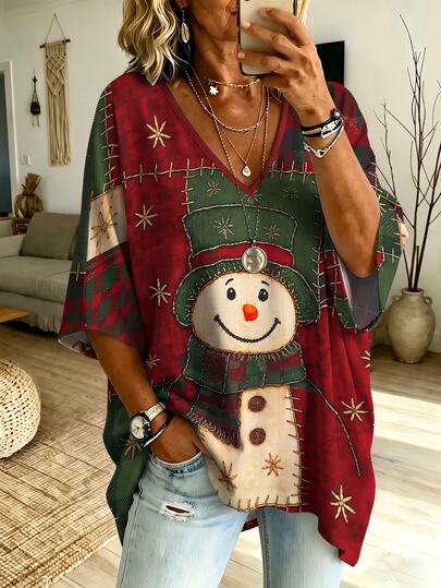 Weeklong Plus Size Women's Christmas Snowman Star Plaid Patchwork Batwing Sleeve V Neck T-Shirt,Casual Loose Festive Holiday Tops For Comfortable Daily Wear