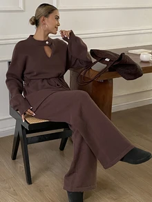 DAZY Women's Solid Color Pleated Long Sleeve Top And Pants Casual Daily Knit 2 Pieces Set - Brown - View 4