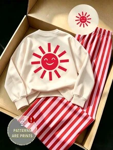 (1套) 嬰兒女童秋冬休閒可愛卡通太陽紅與洋紅色條紋圓領衛衣搭配寬腿褲 - 彩色 - 查看 3