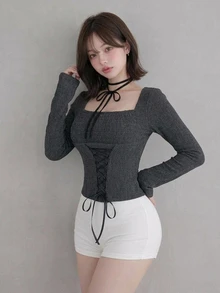 FRIFUL Women's Solid Color Square Neck Long Sleeve Waist Tie Design Casual T-Shirt - Black - View 7