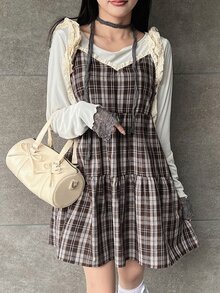 FRIFUL 女款格紋細肩帶蝴蝶結繫帶 A 字版型多層蛋糕拼接層次休閒背心上衣 秋季 - 棕色 - 查看 4