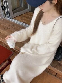 DAZY Women's Solid Color V-Neck Long Sleeve Casual Loose Knit Dress - Beige - View 4