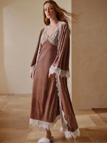 MOTF PREMIUM WOMEN'S ELEGANT LACE CUFF PATCHWORK NIGHTGOWN - Pink - View 1