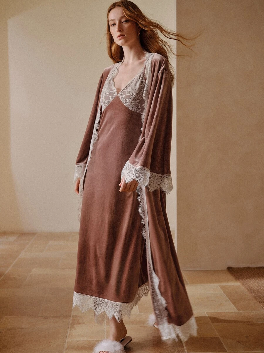 MOTF PREMIUM WOMEN'S ELEGANT LACE CUFF PATCHWORK NIGHTGOWN - Pink - View 1