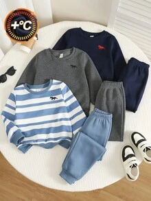 SHEIN 6件組兒童小男孩秋冬休閒運動衫與長褲套裝，運動衫套裝，男孩套裝，秋冬套裝，運動套裝，基礎多件套裝，條紋套裝 - 彩色 - 查看 3