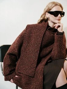 Aveloria Modichic Sweater Top Oversized Tweed Textured Integrated Scarf Collar High Neck Drop Shoulder Elegant Burgundy Fall Clothes For Women Winter Sweaters Christmas - Multicolor - View 7