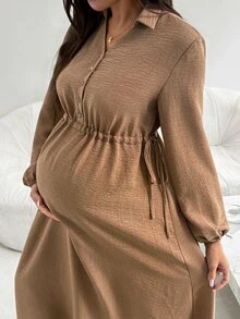 SHEIN Maternity Solid Color Button Front Side Waist Tie Casual Dress - Khaki - View 6