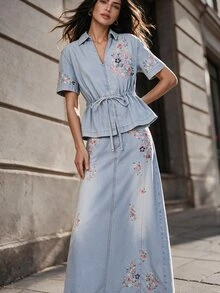 Anewsta Women's New Fashion Glamorous Elegant Heavy Embroidery Blue Jeans Set - Blue - View 3