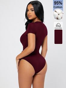 SHEIN PETITE 純色修身連身衣，適合嬌小女性 - 酒紅色 - 查看 2