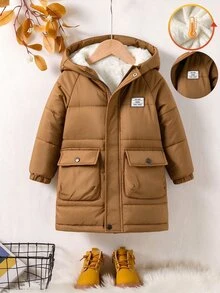 Young Boy Patch Thermal Lined Casual Versatile Winter Hooded Padded Coat - Brown - View 3