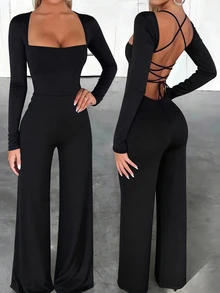 SHEIN Sexy Fitted Square Neck Backless Lace-Up Hem High Slit Long Sleeve Maxi Jumpsuit For Plus Size Women Fall - Black - View 1