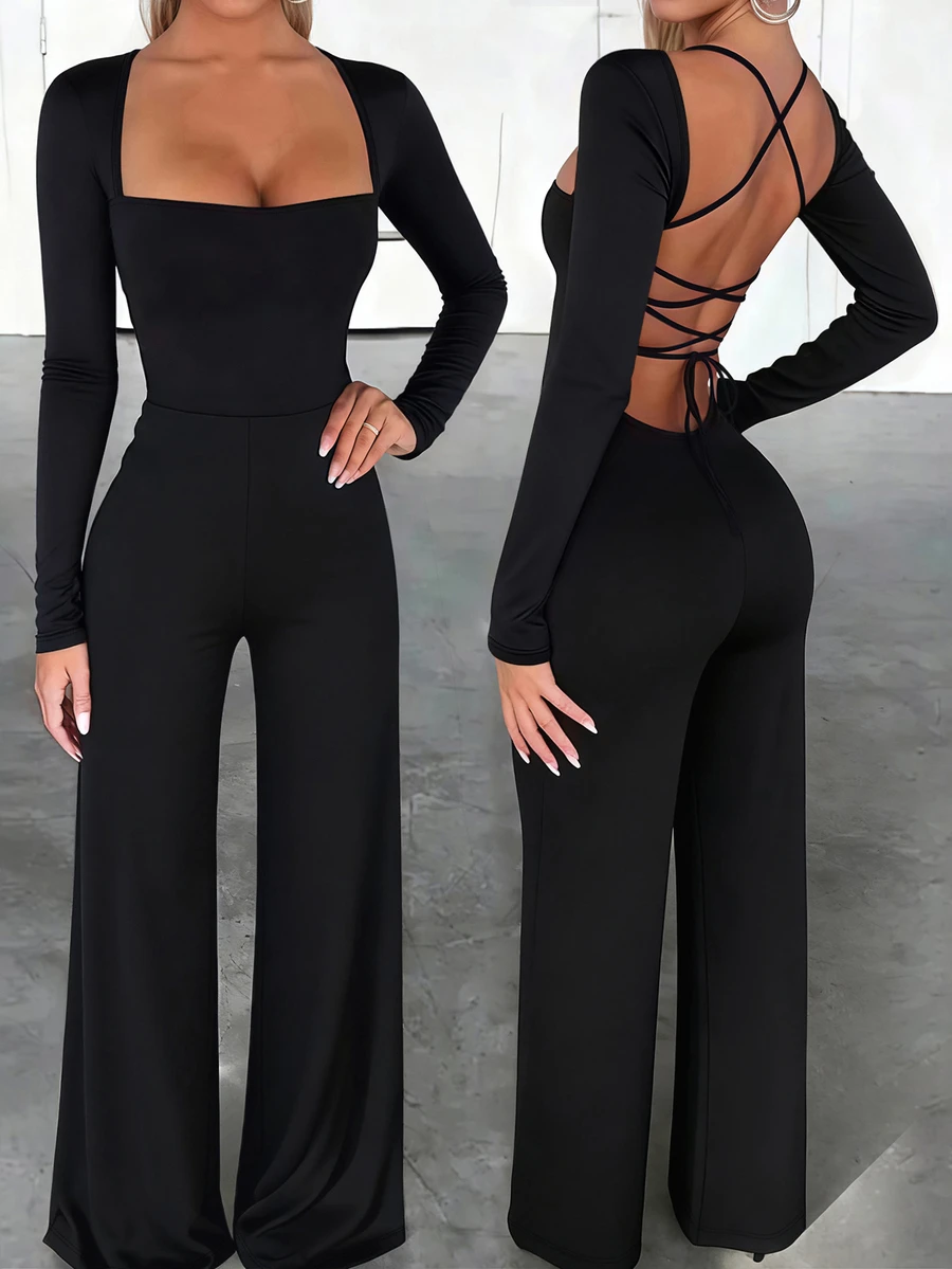 SHEIN Sexy Fitted Square Neck Backless Lace-Up Hem High Slit Long Sleeve Maxi Jumpsuit For Plus Size Women Fall - Black - View 1