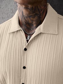 Manfinity CasualCool 男士休閒純色棕色短袖單排扣襯衫，街頭風，夏季 - 杏色 - 查看 5