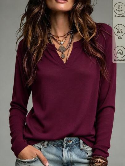SHEIN LUNE تي شيرت نسائي كاجوال ناعم بياقة على شكل حرف V بلون موحد وأكمام طويلة، مناسب للحفلات والمواعيد والعمل والأعمال التجارية والكريسماس والتخرج والعودة إلى المدرسة وعيد المعلم وعيد الشكر ومهرجان الموسيقى والإجازات والربيع والخريف