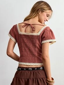 Willow Rêve Women's Red-Brown Lace Patchwork Square Neck Embroidered Pattern Short Sleeve Slim Fit Top - Red Violet - View 2