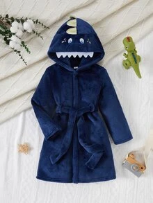 秋冬雙面法蘭絨保暖內裡加厚男童幼兒睡袍，可愛卡通恐龍刺繡綠色3D角，柔軟舒適皇家藍長袖長款絨毛居家服 - 藍色 - 查看 8