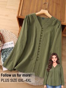 Rusticease Plus Size Minimalist Versatile Button Long Sleeve Shirt - Army Green - View 9