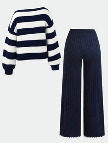 SHEIN Teen Girl Autumn/Winter Casual Deep Blue Striped/Asymmetrical Shoulder Pullover Sweater And Long Pants 2 Pieces Set, Suitable For Daily Wear,Autumn,Winter - Navy Blue - View 5