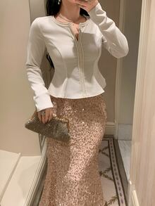 DAZY Women's Solid Color Long Sleeve Top And Skirt Casual 2 Pieces Set - Apricot - View 3